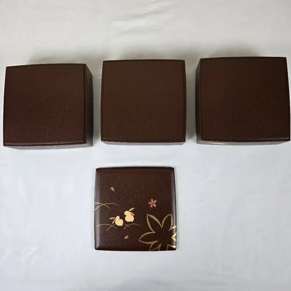 Japanese Jubako Stacked Box Brown w/Red Lacquer Interior Bunnies and Flowers